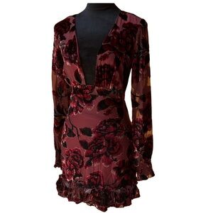 Velvet burn‎ out dress Misguided whimsigoth Floral Burgundy mini romantic frilly